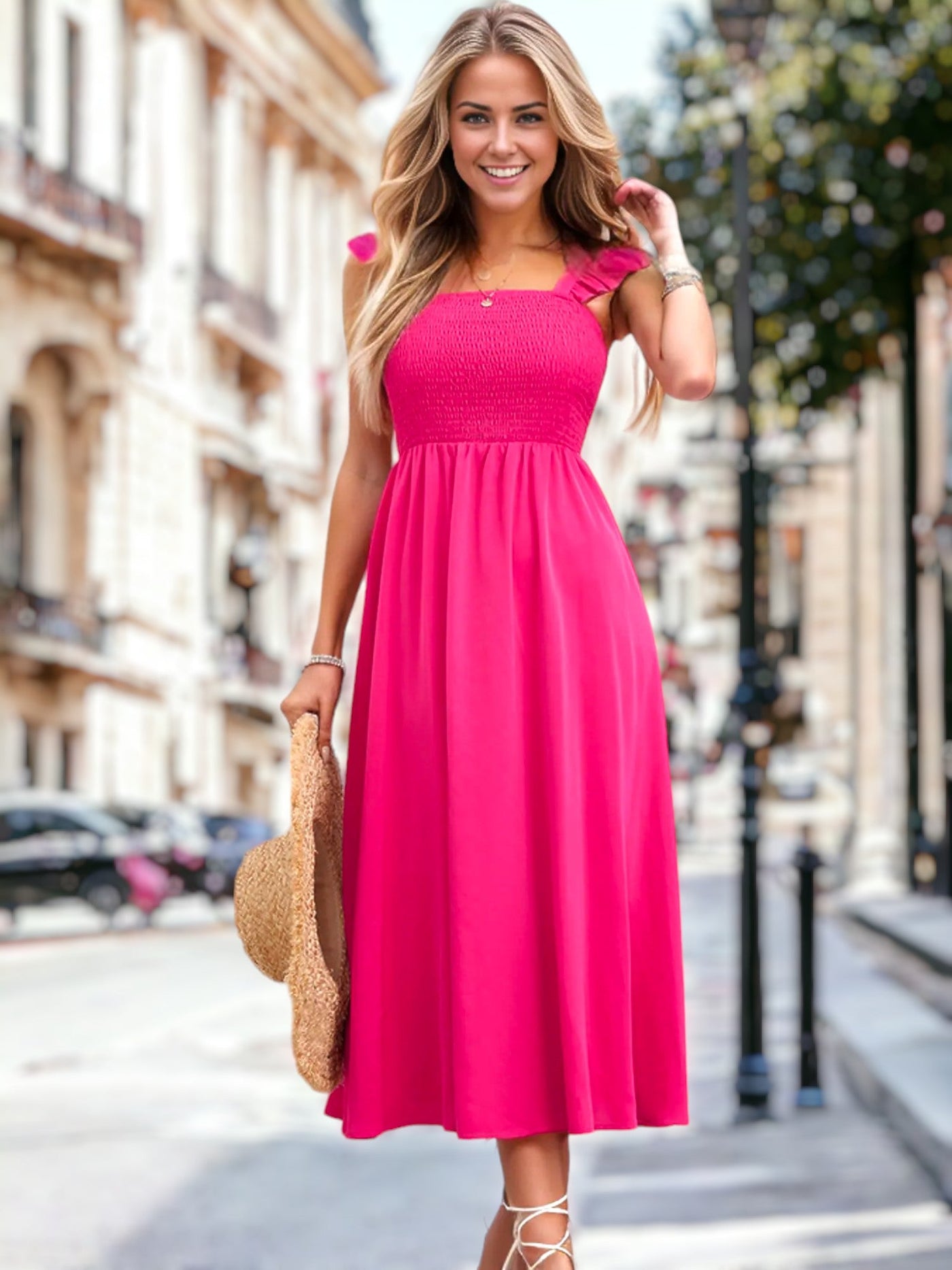 Astrid - Trägerloses Kleid mit Rüschen in Uni-Farbe