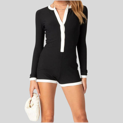 Melanie - Langärmliger Playsuit mit Kontrastbesatz und Knopfleiste