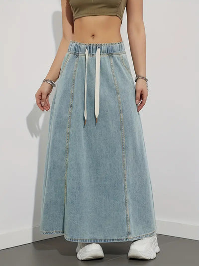 Langer Jeansrock mit verstellbarem Kordelzug, bequem und vielseitig - Fannie