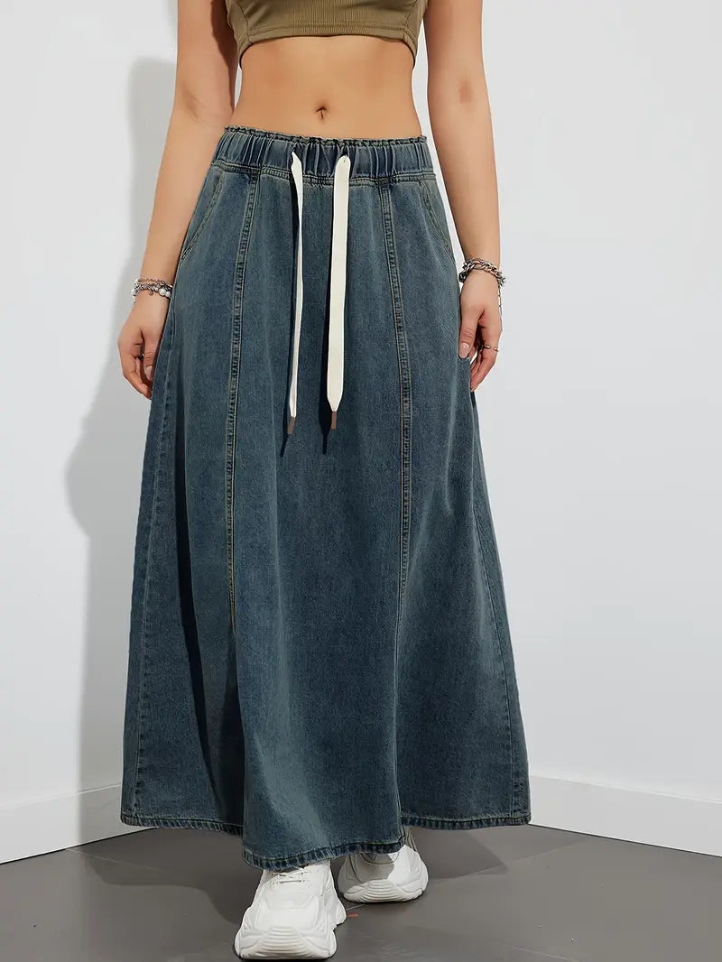 Langer Jeansrock mit verstellbarem Kordelzug, bequem und vielseitig - Fannie