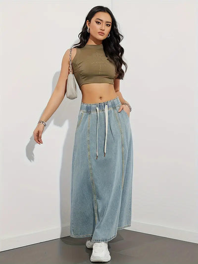 Langer Jeansrock mit verstellbarem Kordelzug, bequem und vielseitig - Fannie