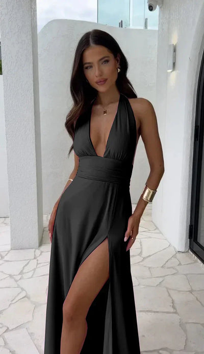 Megan - Sexy tiefes V-Ausschnitt-Split-Solid-Farben-Kleid