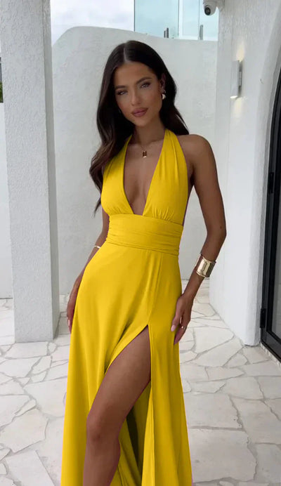 Megan - Sexy tiefes V-Ausschnitt-Split-Solid-Farben-Kleid