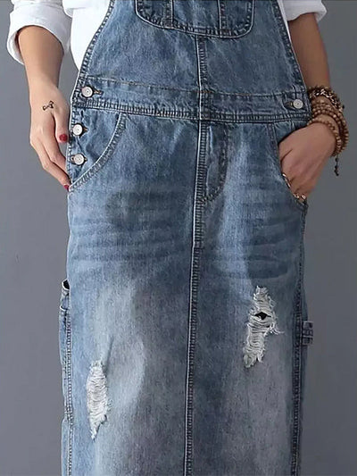 Latzkleid aus Distressed-Jeansstoff mit Schlitz hinten - Lara