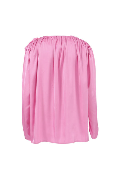 Victoria - Rosafarbene Bluse mit gerafftem V-Ausschnitt und floraler Spitze