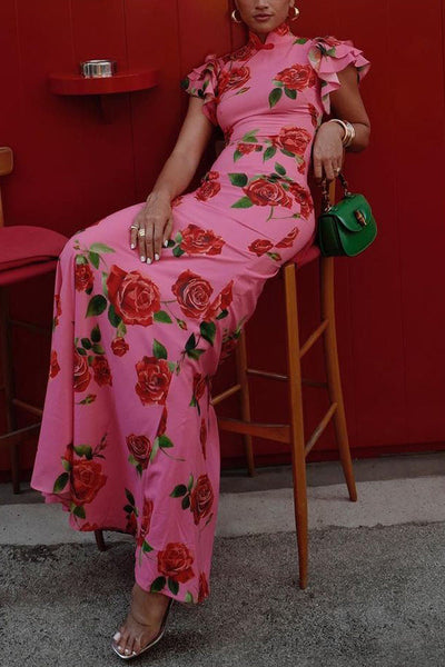 Elena - Langes Kleid mit ausgestellten Ärmeln und floralem Rosendruck
