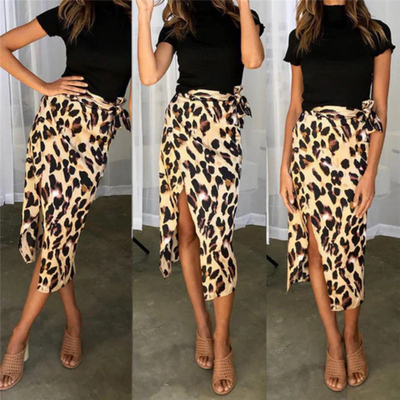Damen Midi-Sommerrock mit Leopardenprint und Schlitz