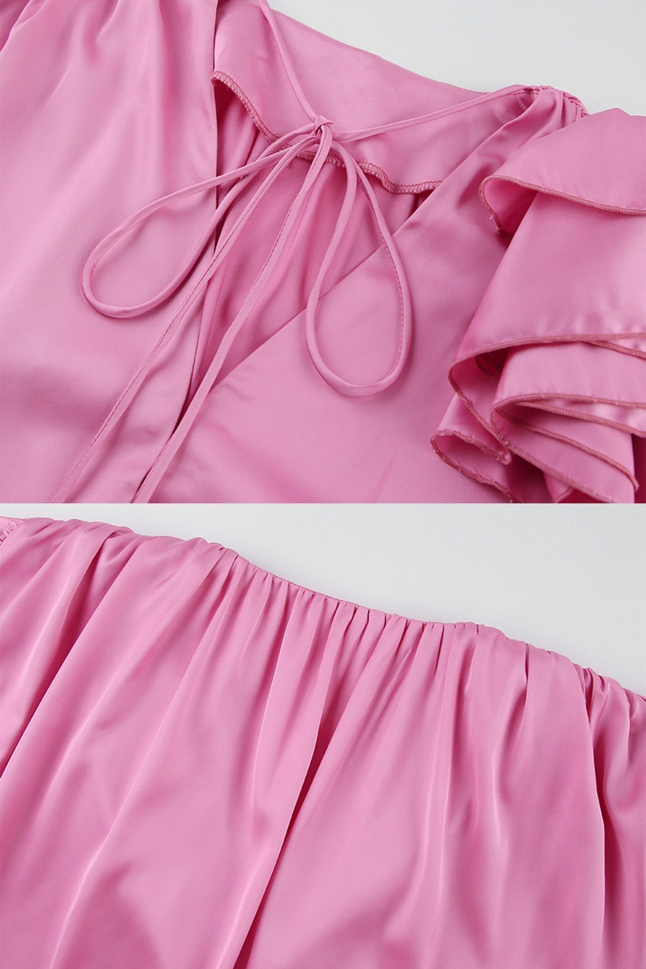 Victoria - Rosafarbene Bluse mit gerafftem V-Ausschnitt und floraler Spitze