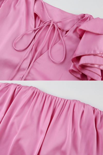Victoria - Rosafarbene Bluse mit gerafftem V-Ausschnitt und floraler Spitze