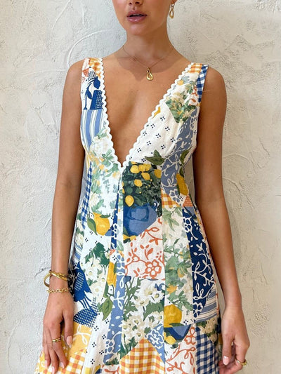 Holly - Lemonade Print Langes Kleid mit Spitzenbesatz