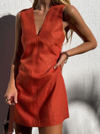 Clarise - Kurzes Kleid mit V-Ausschnitt aus Baumwolle und Leinen