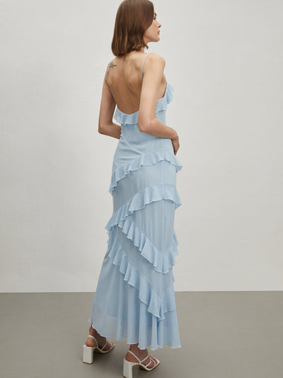 Alina - Langes Kleid mit Spaghettiträgern und Volants