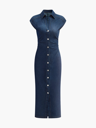 Alessia - Ärmelloses Denim-Kleid mit V-Ausschnitt und Knopfleiste