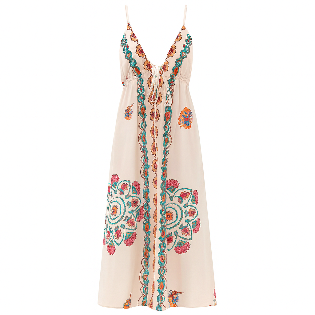 Langes Kleid mit Neckholderausschnitt und Blumenstickerei - Elara