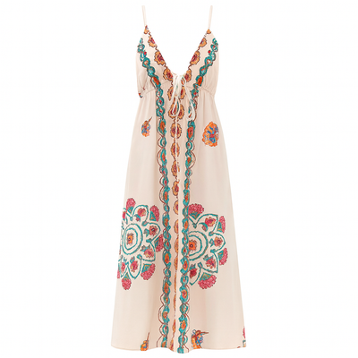 Langes Kleid mit Neckholderausschnitt und Blumenstickerei - Elara