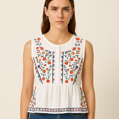 Ärmellose Bluse mit Blumenstickerei im Bohème-Stil - Alondra