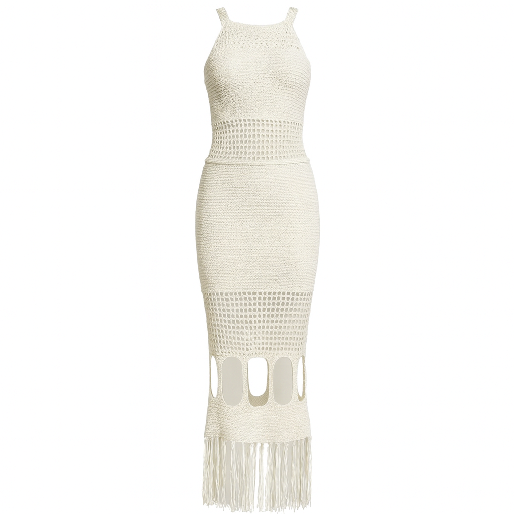 Langes durchbrochenes Strickkleid mit Neckholder - Selinne
