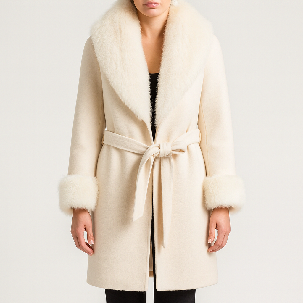Langer Damenmantel mit Pelzkragen und Gürtel - Margaretti