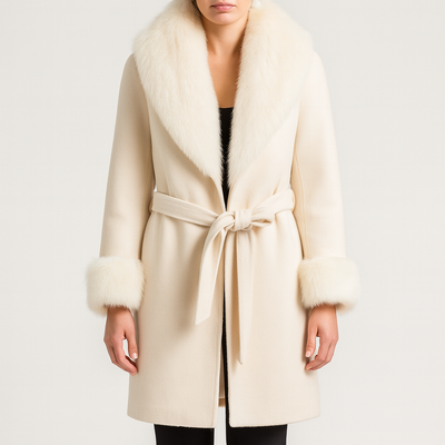 Langer Damenmantel mit Pelzkragen und Gürtel - Margaretti