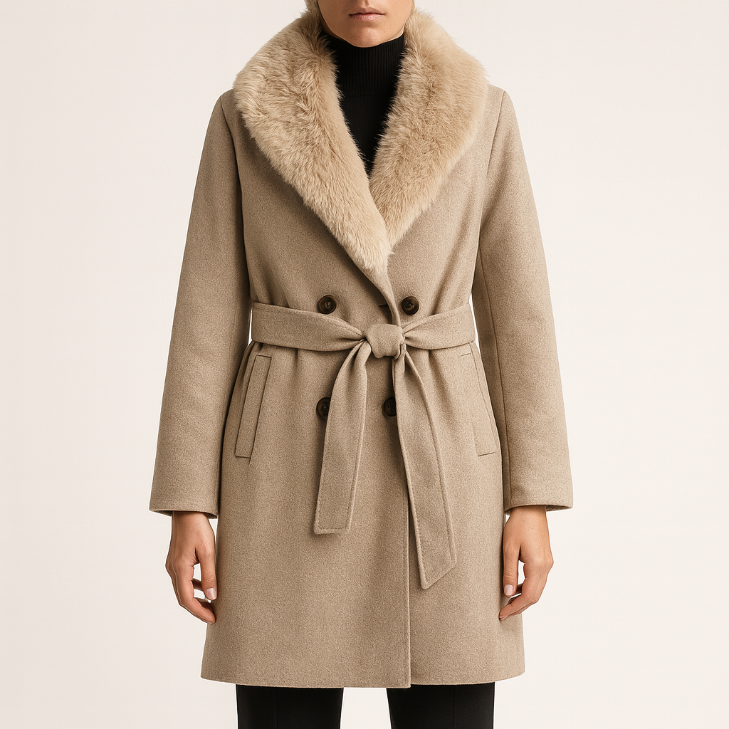 Langer Wollmantel mit Kunstfellkragen - Weiß