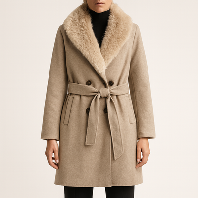 Langer Wollmantel mit Kunstfellkragen - Weiß