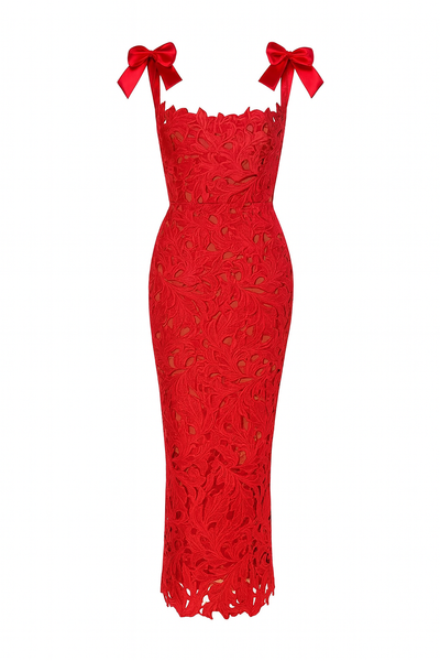 Tailliertes Kleid mit floraler Spitze und Schleifen - Roselina