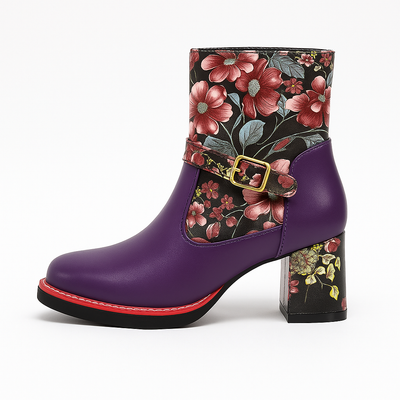 Damenstiefelette mit mittlerem Absatz und Blumenmuster - Olivia