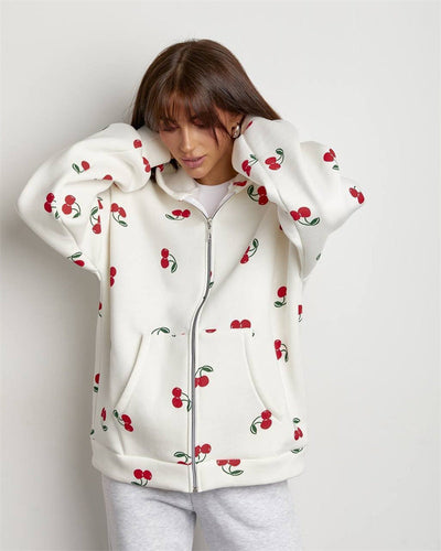 Damen Sweatshirt mit Kapuze und Reißverschluss mit Kirsche Druck - Mely