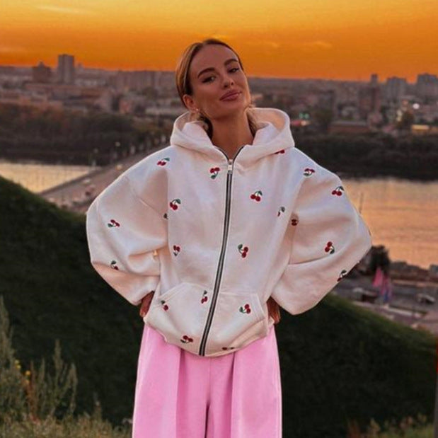 Damen Sweatshirt mit Kapuze und Reißverschluss mit Kirsche Druck - Mely