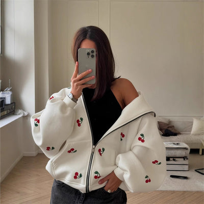 Damen Sweatshirt mit Kapuze und Reißverschluss mit Kirsche Druck - Mely