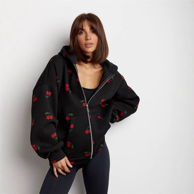 Damen Sweatshirt mit Kapuze und Reißverschluss mit Kirsche Druck - Mely