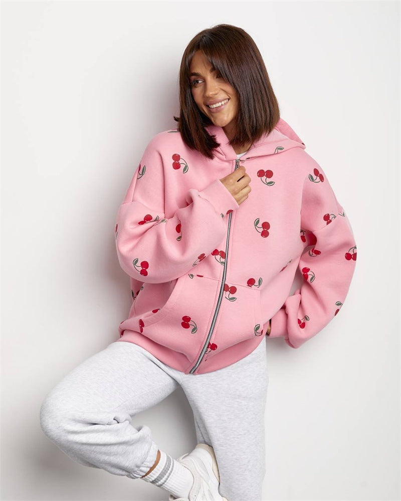 Damen Sweatshirt mit Kapuze und Reißverschluss mit Kirsche Druck - Mely