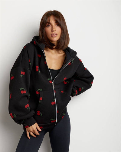 Damen Sweatshirt mit Kapuze und Reißverschluss mit Kirsche Druck - Mely
