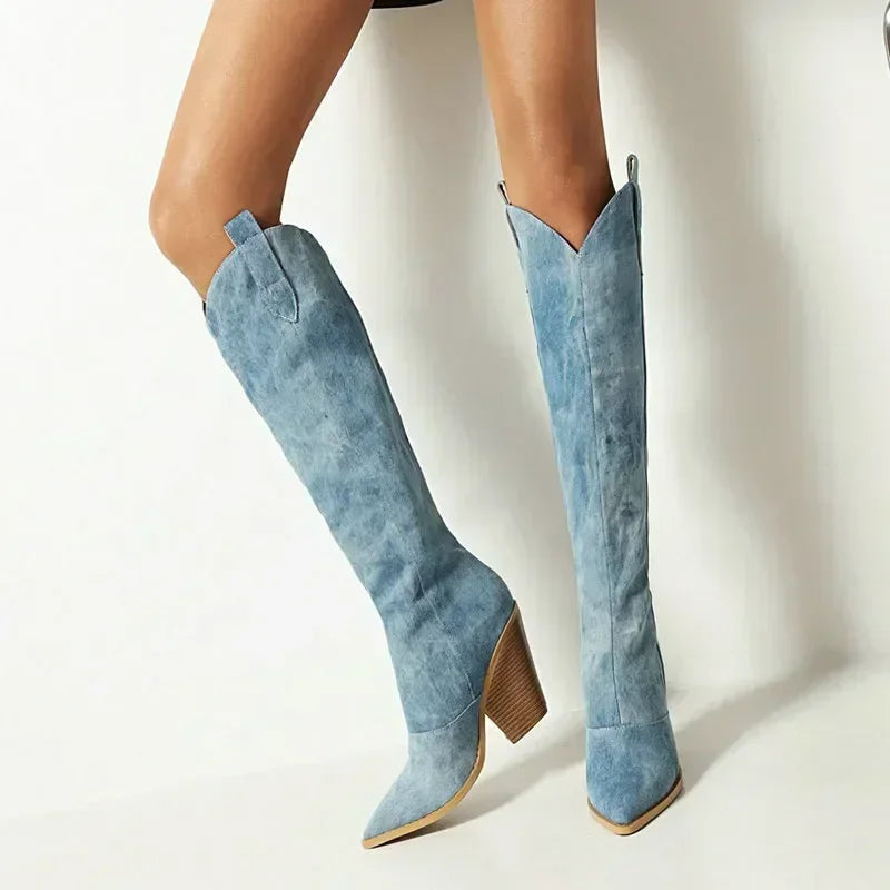 Hohe Damenstiefel im Cowboy-Stil mit breitem Absatz - Vanya