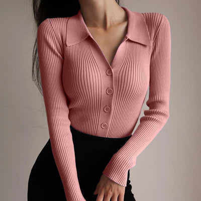 Gerippte Strickjacke mit Knöpfen und Hemdkragen - Solveig