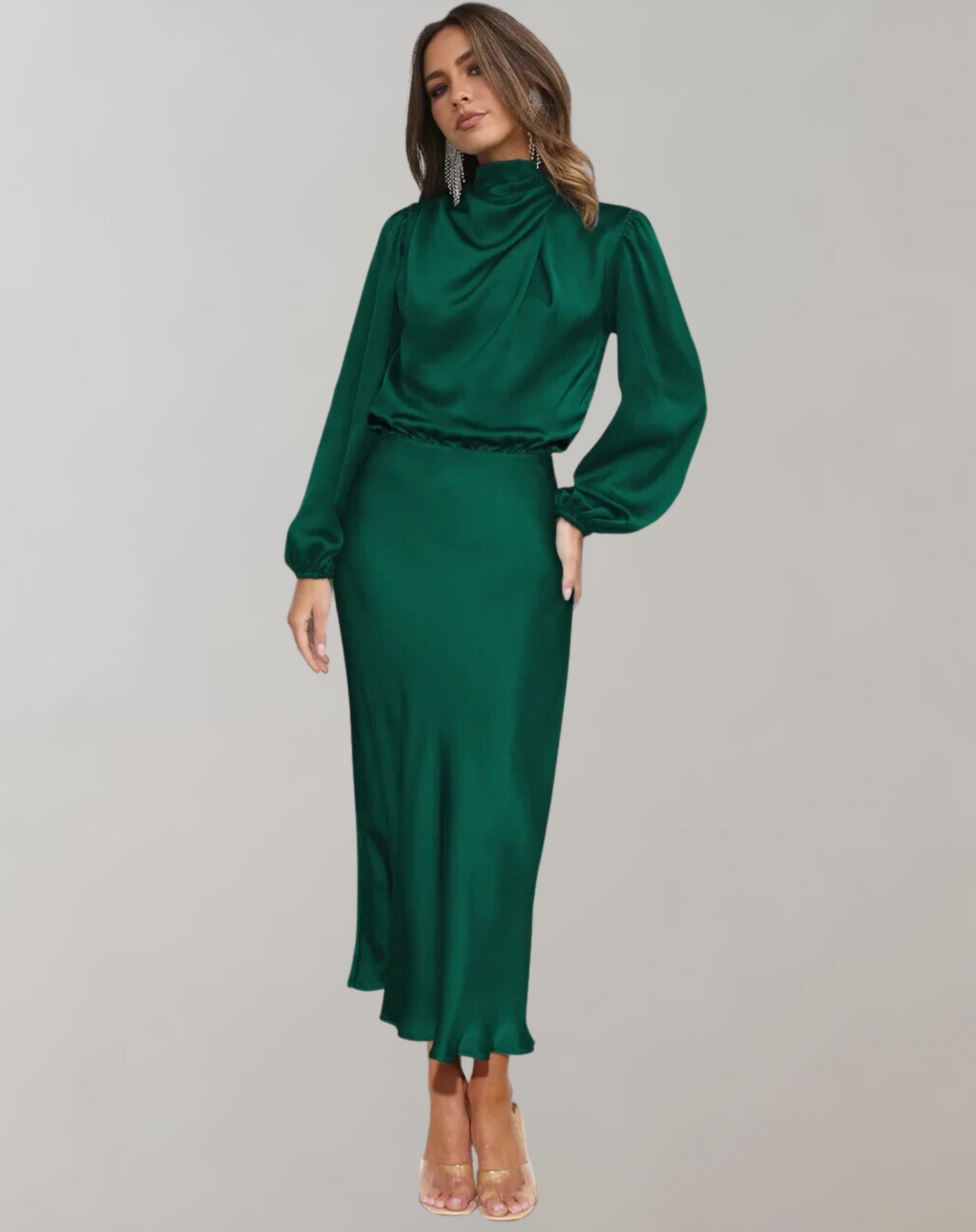 Damen Satin Kleid mit langen Ärmeln und hohem Ausschnitt - Eleonora