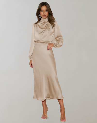 Damen Satin Kleid mit langen Ärmeln und hohem Ausschnitt - Eleonora