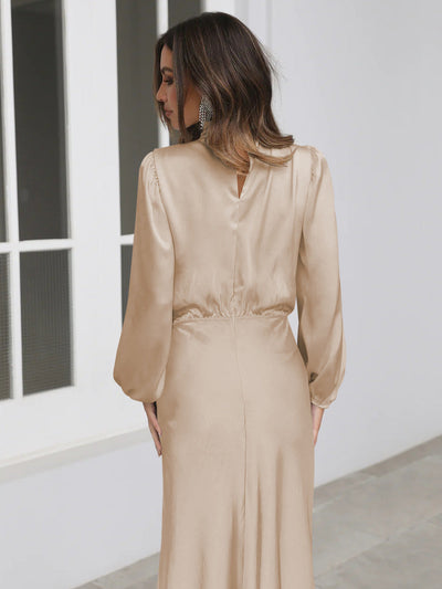 Damen Satin Kleid mit langen Ärmeln und hohem Ausschnitt - Eleonora