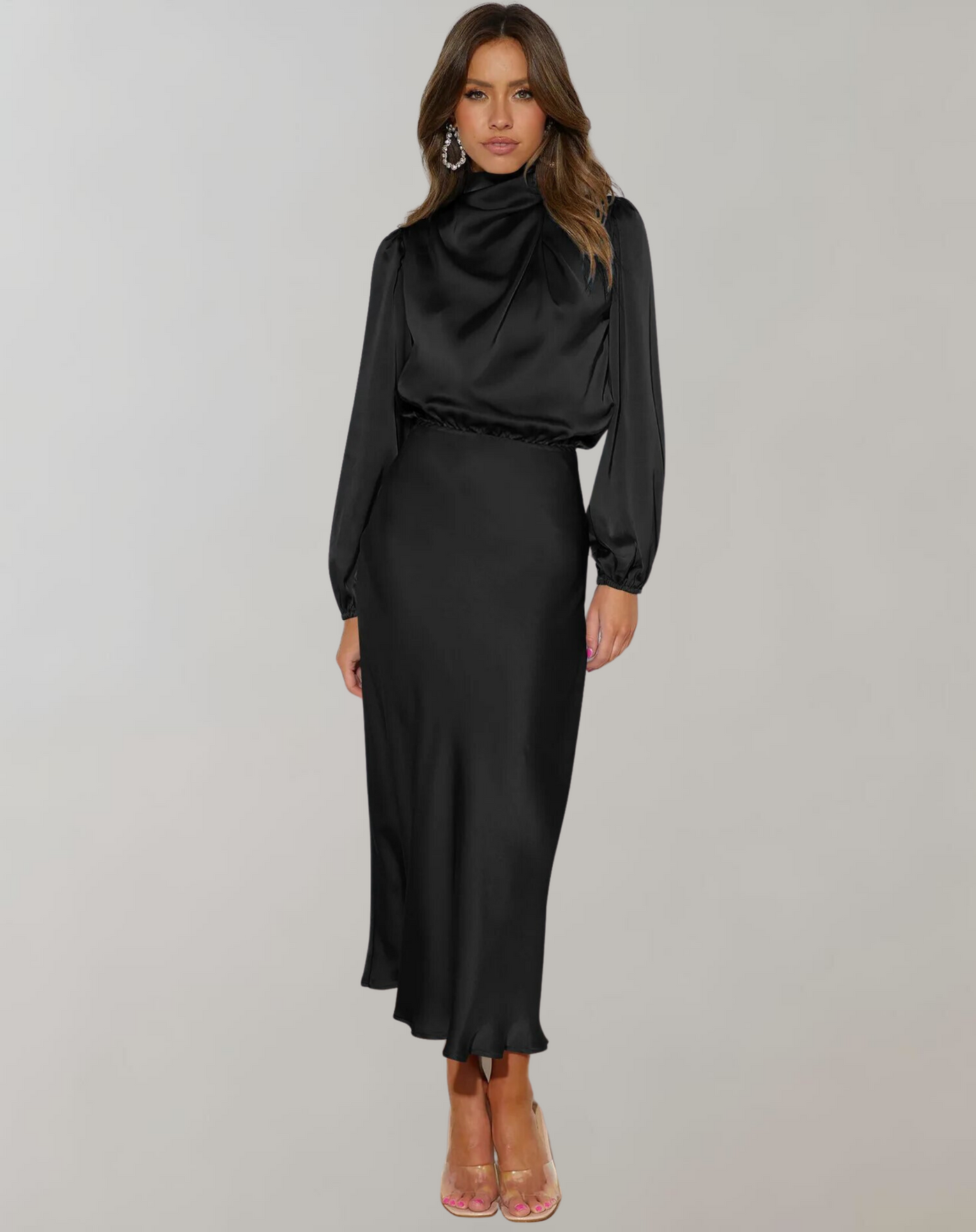 Damen Satin Kleid mit langen Ärmeln und hohem Ausschnitt - Eleonora