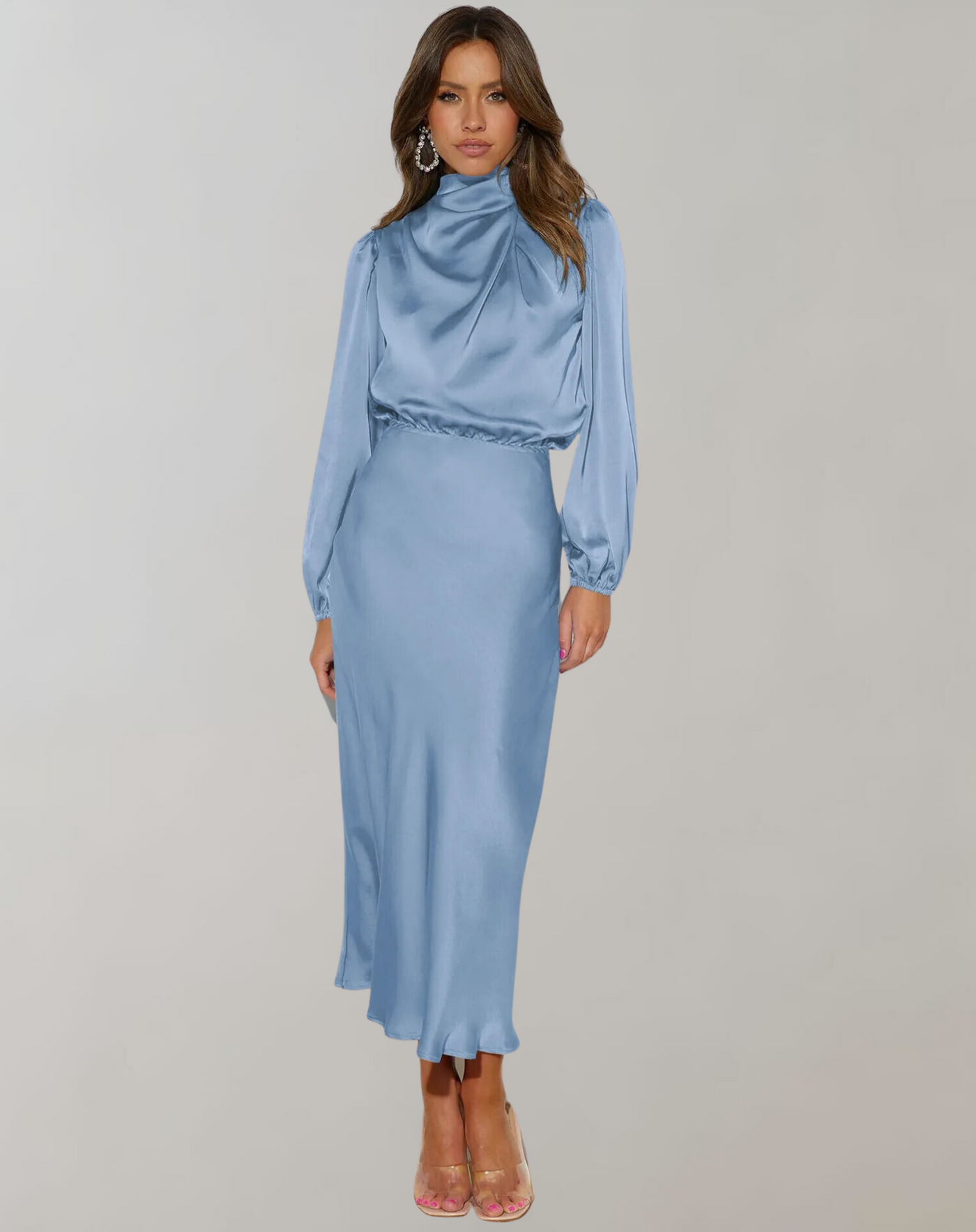Damen Satin Kleid mit langen Ärmeln und hohem Ausschnitt - Eleonora