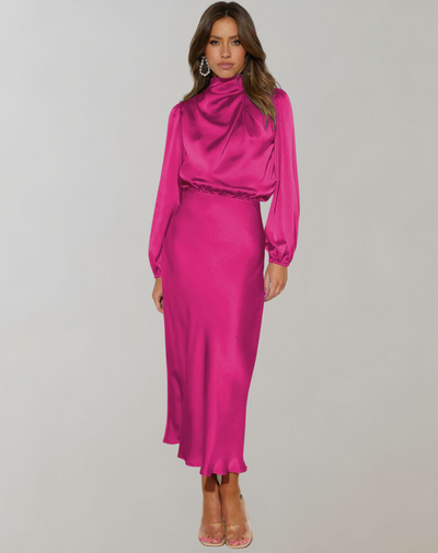 Damen Satin Kleid mit langen Ärmeln und hohem Ausschnitt - Eleonora