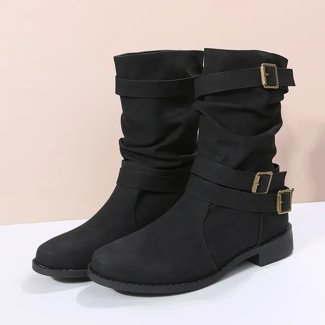 Damenstiefel aus veganem Leder mit Schnallen - Linnea