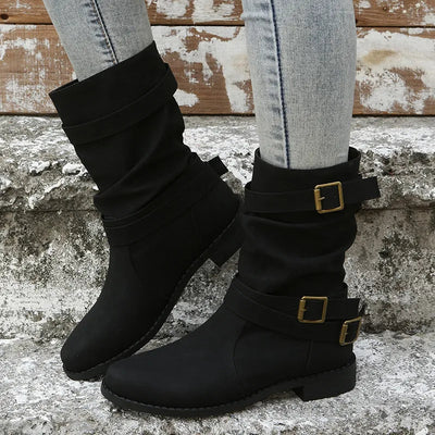 Damenstiefel aus veganem Leder mit Schnallen - Linnea