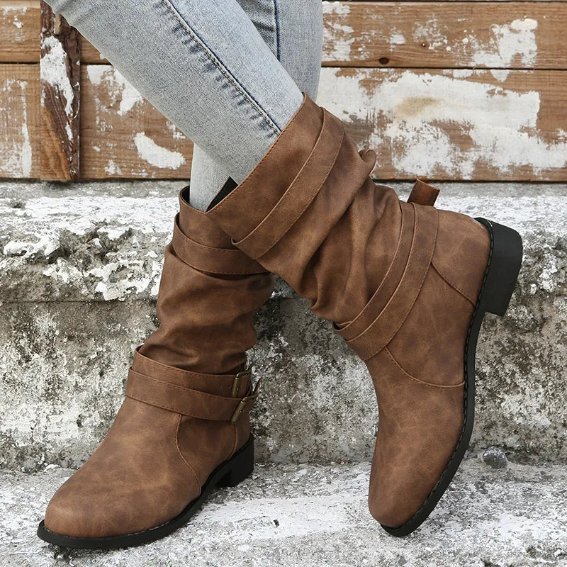 Damenstiefel aus veganem Leder mit Schnallen - Linnea