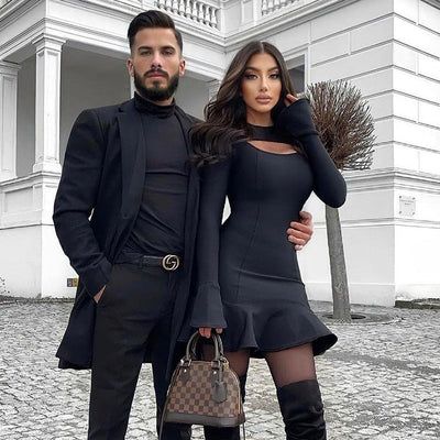 Nena - Schwarzes Trapezkleid mit Volants und langen Ärmeln