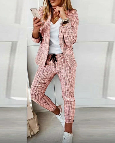 Rici - Casual Street Plaid Langarm Zweiteiliges Set