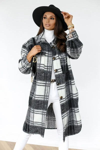 Johana - Langer Mantel aus Fleece mit Karomuster