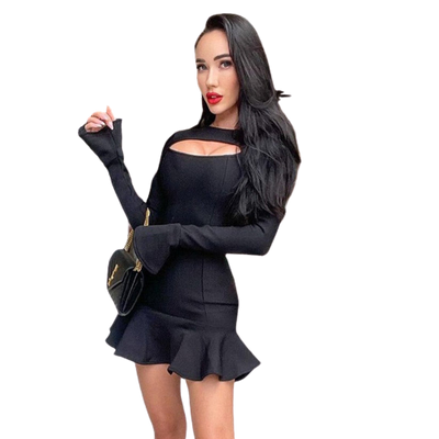 Nena - Schwarzes Trapezkleid mit Volants und langen Ärmeln