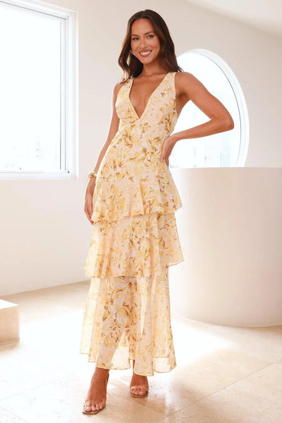 Mariana - Gelbes langes Kleid mit Rüschen und Blumendruck