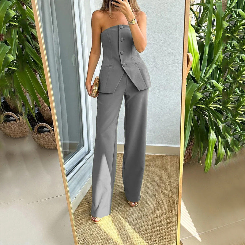 Jenica - Modisches sexy Oberteil mit Knöpfen und Hosen-Set